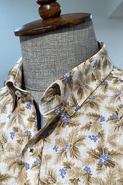 NAZEF Slim Fit High Quality Hidden Button Collar Pattern Cotton Beige Shirt