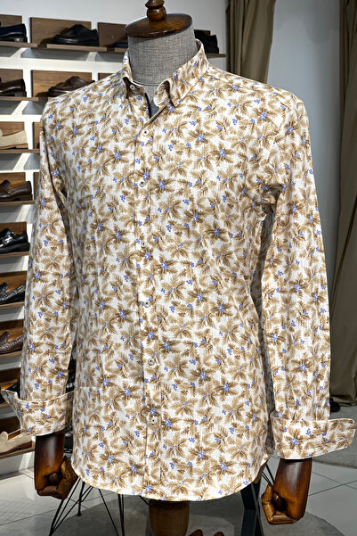 NAZEF Slim Fit High Quality Hidden Button Collar Pattern Cotton Beige Shirt