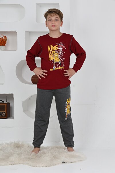 KAPİKİDS Long Sleeve Crew Neck Interlock Basketball Claret Red Color Boys Pajama Set