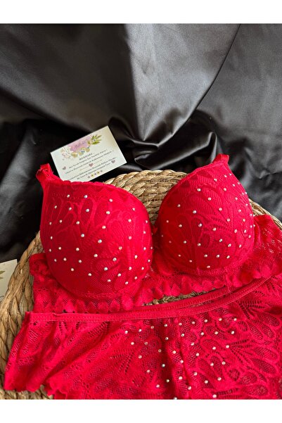 Nuzabi Stein Red Cross Drawstring Stone Underwire Supported Bra Suit
