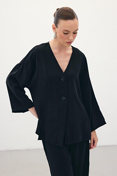 Sateen Kadın Düğmeli Kimono Kısa Kollu Bluz 1847-6040