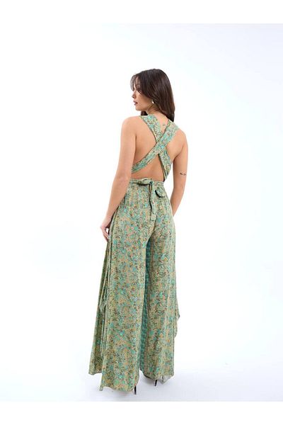 369 etnik butik Floral Patterned Wide Leg Women's Jumpsuit with Cross Back Detail