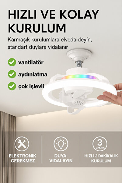 HOT POWER 360° Dönebilen E27 Tavan Vantilatörü Ampul LED Işık Uzaktan Kumanda...
