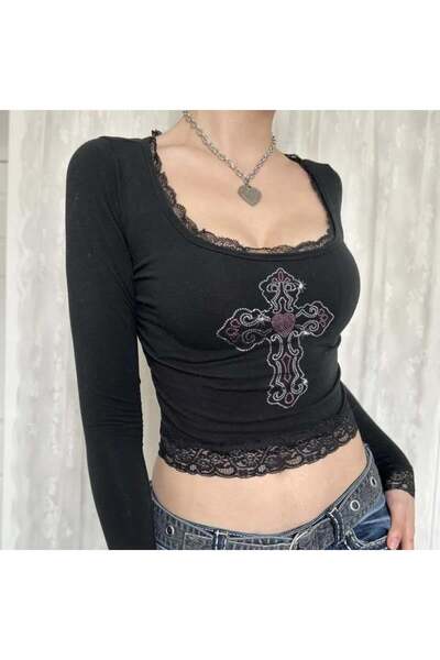 Toum Dorukhedıyelık Heart in Cross Printed Lace Lace Black Long Sleeve Blouse