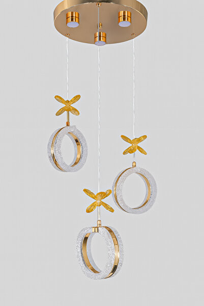 Fer Avize Ecrin 3lü Modern Led Avize Gold Renk Kristal Görünüm Gün Işığı Enerji Tasarruflu Salon Yemek Odası