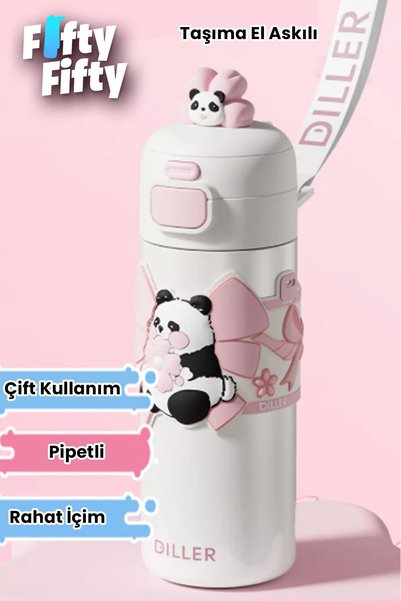 Vagonlife DILLER 480 ML Tek Kapak Çift Kullanım Pipetli/Pipetsiz Taşıma El Askılı Vacum Cup/Çelik Termos -FFD9