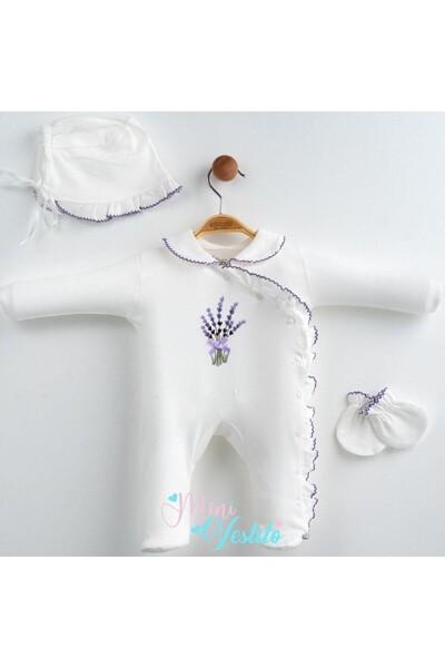 MiniVestito Lavender Patterned 3 Piece Hat and Gloves Jumpsuit