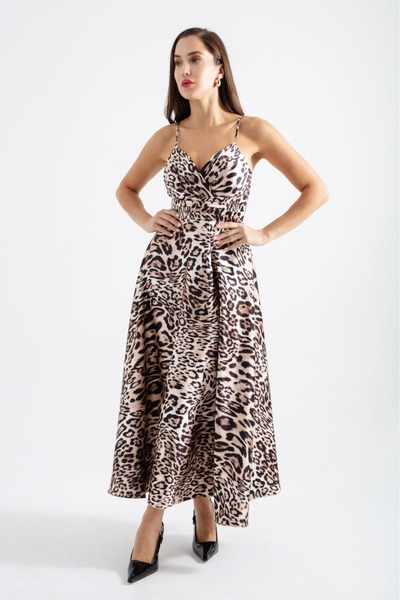 meksila kadın ip askılı fransız boy leopar desenli v yaka pileli düğün davet ...