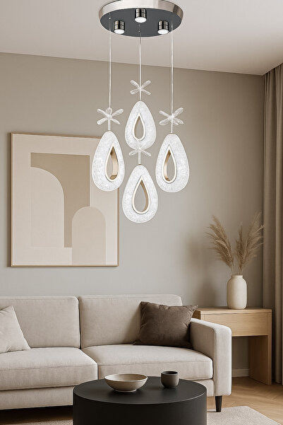 Turanconcept Arel 4lü Modern Led Avize Krom Renk Kristal Görünüm Beyaz Işık Enerji Tasarruflu Salon Yemek Odası
