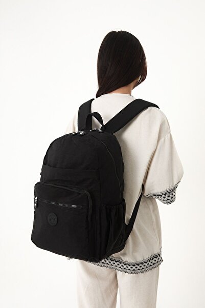 Çanta Trend Unisex Water Resistant Large Size Crinkle Fabric Multi-Compartment Black Laptop School and Travel Backpack
