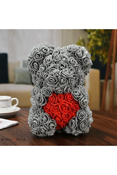 velve Gray floral teddy bear with red heart made of Roses 25 cm, hand decorated, gift box, Gray