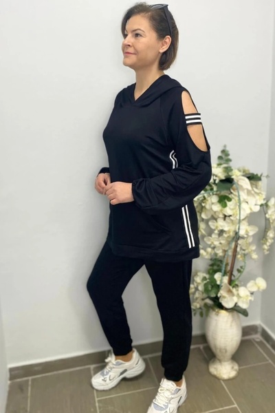 Mia Butik Women's Black Sleeve Detailed Sweatpants Set