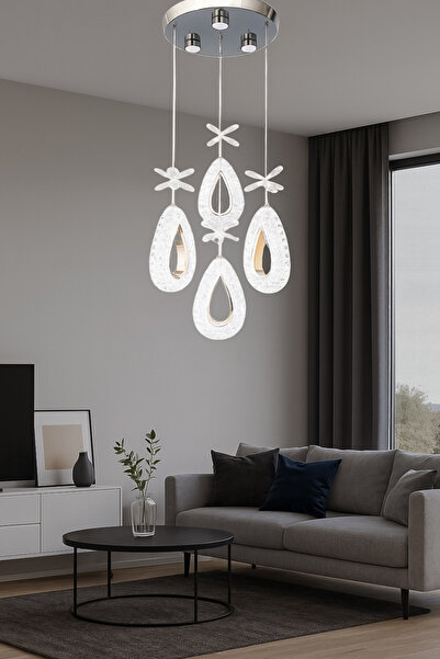 Fer Avize Arel 4lü Modern Led Avize Krom Renk Kristal Görünüm Beyaz Işık Enerji Tasarruflu Salon Yemek Odası