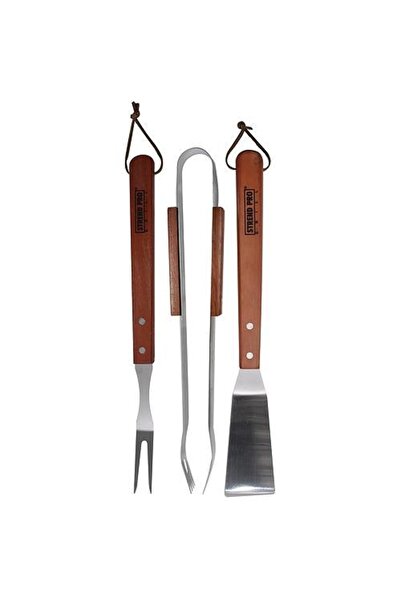 SGTT Set de 3 ustensile de grătar din oțel inoxidabil cu mâner din lemn