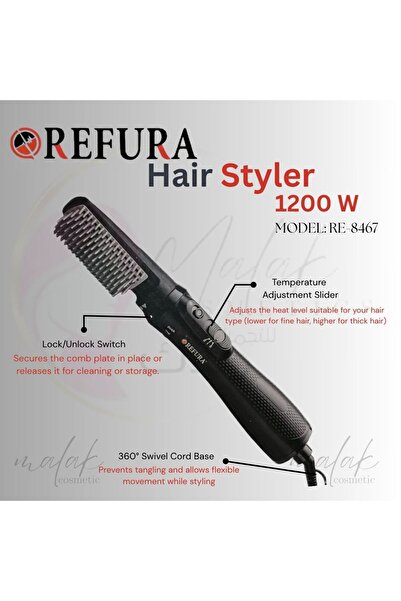 REFURA فرشاة فرد الشعر الاحترافية، أسود، 1200 واط