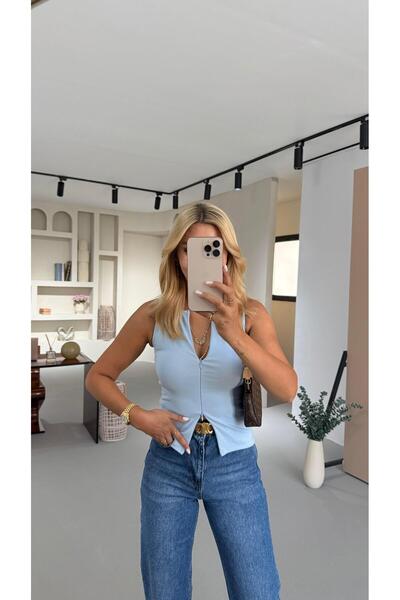 Sezgi Tekin Double Zipper Detail Baby Blue Blouse