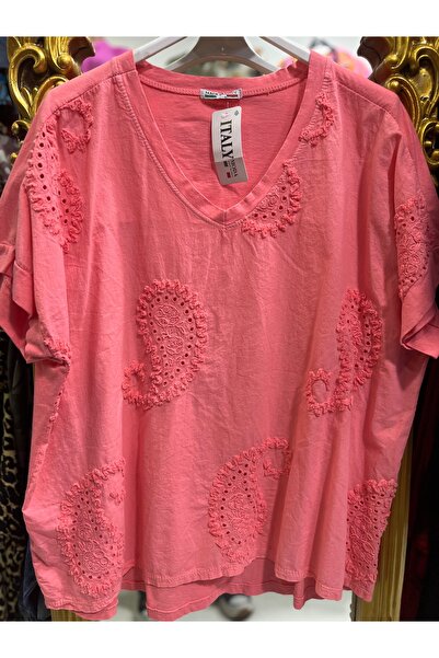 Butik Ayseba Şal Desen Kabartmalı V Yaka Pamuklu İtalyan Bluz