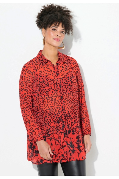 Şans Women's Plus Size Red, Sleeve Mouth Elastic, A-Line, Polka Dot Print Chiffon Shirt 65N39101