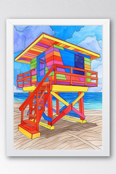 Saturn Colorful Lifeguard Cabin Framed Painting - Pop Art Poster Painting