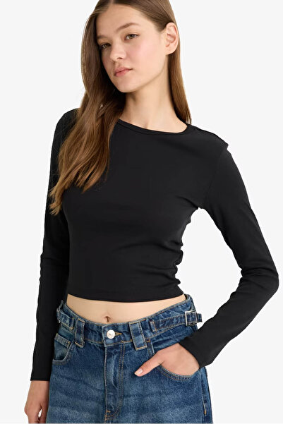 DeFacto Coool Fitted Crew Neck Rib Black Women's Long Sleeve T-Shirt E7797Ax/Bk81