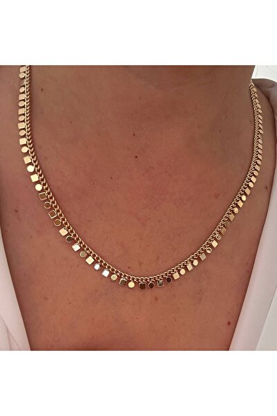 Esmeray Aksesuar Vip Çelik Gold Renk Lazer Kesim Pul ve Kare Pul Detaylı Koly...