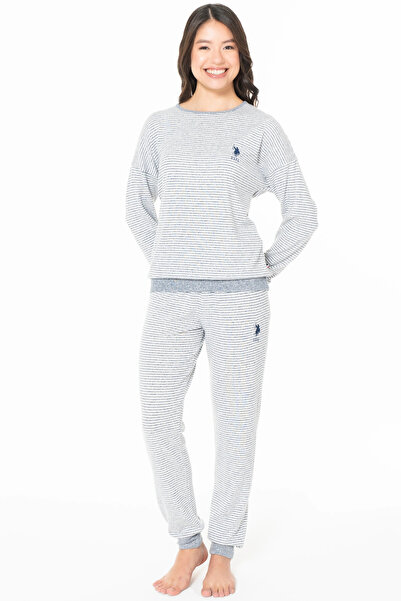 U.S. Polo Assn. Kadın Pijama Takımı, Viskon Karışımlı, Uzun Kollu, Bisiklet Yaka, Yatay Çizgili, Polo Nakişlı