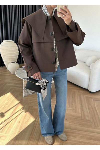 My Blog Brown Sakura Wide Collar Short Trench Coat - 7530