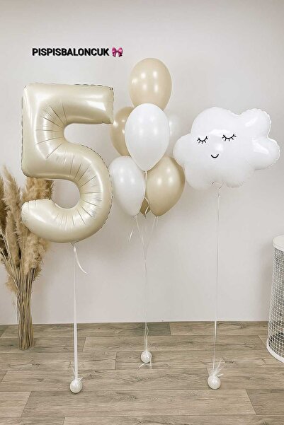 PISPISBALONCUK 5 Yaş Doğum Günü Set Bulut Folyo Balon Bej Krem Yaş Doğum Günü...