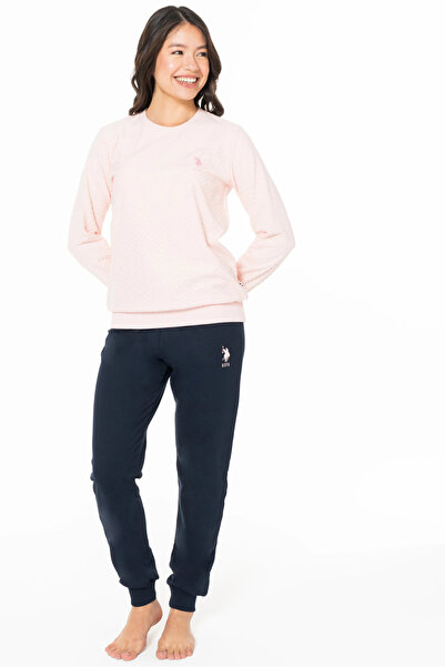 U.S. Polo Assn. Kadın Pijama Takımı, Cepsiz, Uzun Kollu, Bisiklet Yaka, Kol ve Paça Lastikli, Polo Nakışlı, Pembe