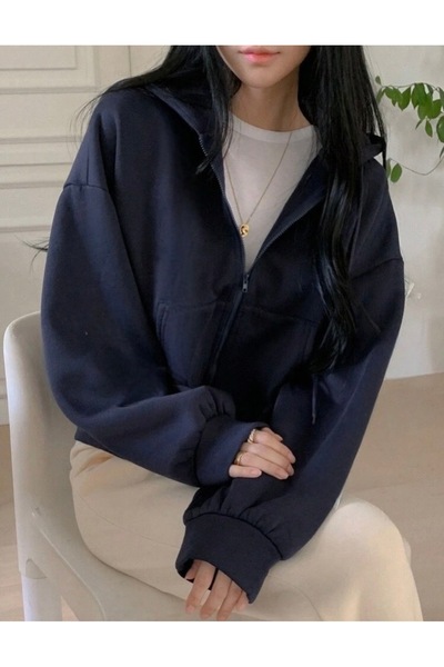 BYMEER Navy Blue Zippered Hooded Crop Sweat Cardigan