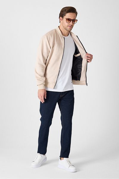 GEİO Men's Regular Fit Zippered Lined Nubuck College Jacket/Moon