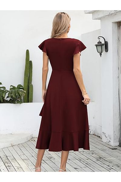 OEM Elegant summer dress, above-knee length, V-neckline, hidden zipper on the back, burgundy S