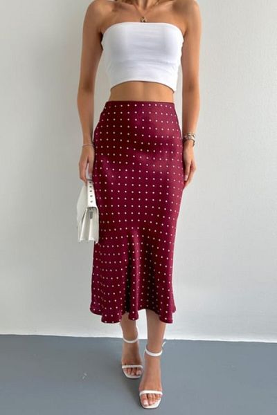 Hisleria Polka Dot Pattern Viscose Satin Midi Length Skirt on Burgundy Background