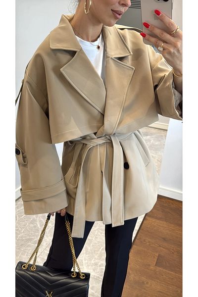 My Blog Trench scurt Camel oversize cu umăr jos - 9580