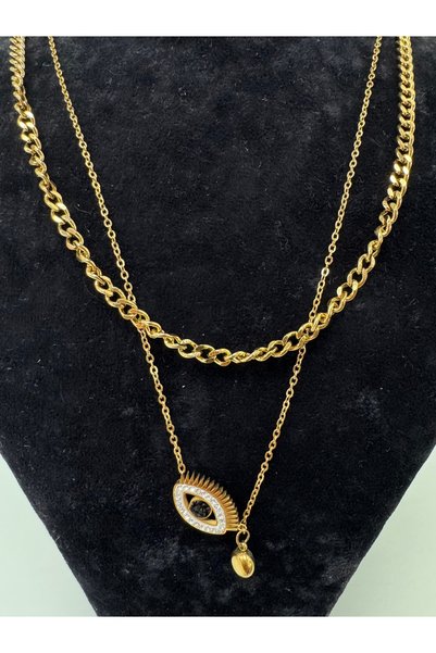 VLDORO D'Oro Gold Charm Eye Figure Two Rows of Steel Necklace