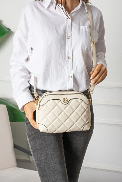 VESSARA Γυναικεία τσάντα ώμου και χιαστί με ρυθμιζόμενο σταυρό με 4 διαμερίσματα σε κρεμ χρώμα