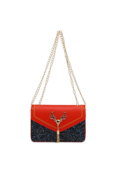 OEM Poșetă mică elegantă din piele PU neagră și roșie, cu lanț de umăr