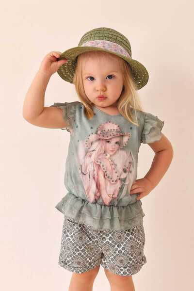 bebekpare Girl's Hat and Shorts Style Suit Green
