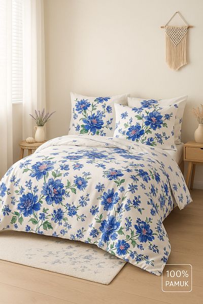 Evimcim 100% Cotton Ranforce Single Blue Floral Patterned Duvet Cover Set (Gift Boxed)