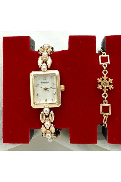 Coliseum HEDİYE KOL SAATİ VE BİLEKLİK SET İNCİ DETAYLI