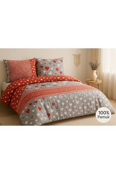 Evimcim 100% Cotton Ranforce Single Heart Gray Red Duvet Cover Set (Gift Boxed)