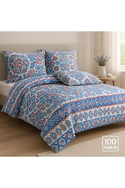 Evimcim 100% Cotton Ranforce Single Blue Patterned Duvet Cover Set (Gift Boxed)