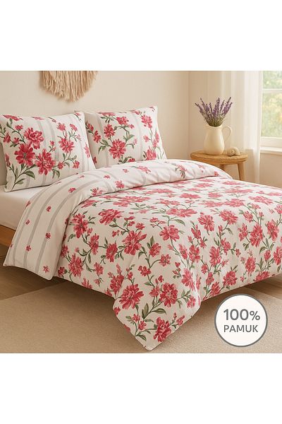 Evimcim 100% Cotton Ranforce Single Floral Patterned Quilted Duvet Cover Set (Gift Boxed)