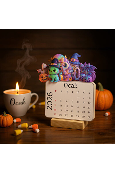 VORACRAFT 2026 Cadılar Bayramı Konseptli Ahşap Ayaklı Masa Takvimi TAK004
