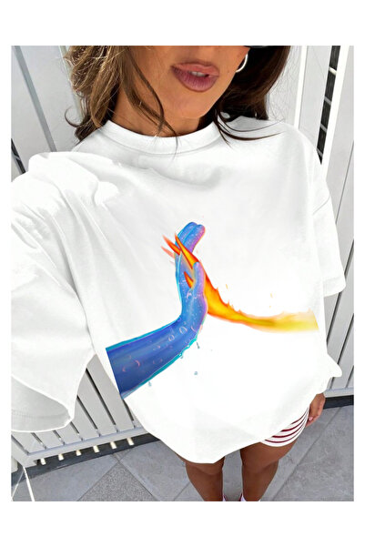 Tubinyoo تي شيرت كبير الحجم للجنسين بنمط الجليد والنار