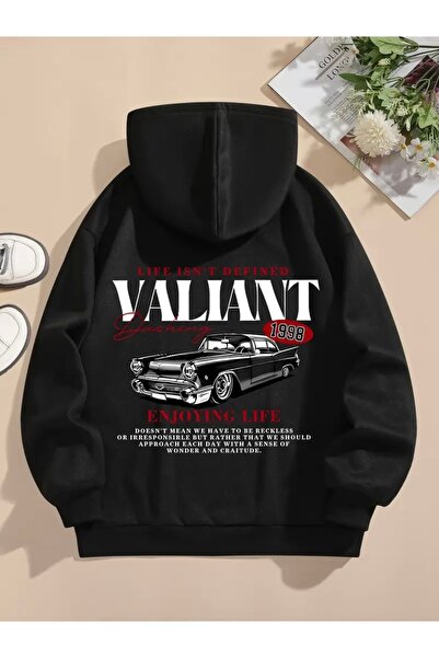 FUFLUNS سويت شيرت بغطاء للرأس مطبوع عليه ظهر سيارة VALIANT للجنسين للنساء/الرجال