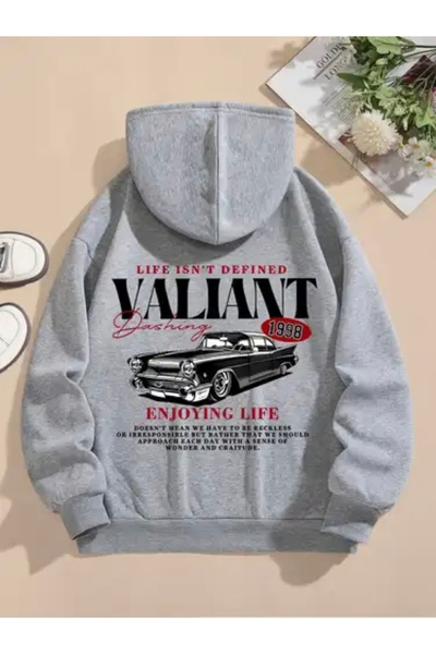 FUFLUNS سويت شيرت بغطاء للرأس مطبوع عليه ظهر سيارة VALIANT للجنسين للنساء/الرجال