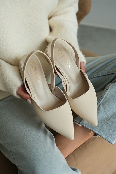 Savves Beige Pointed Toe Low Heeled Women's Slingback Shoes