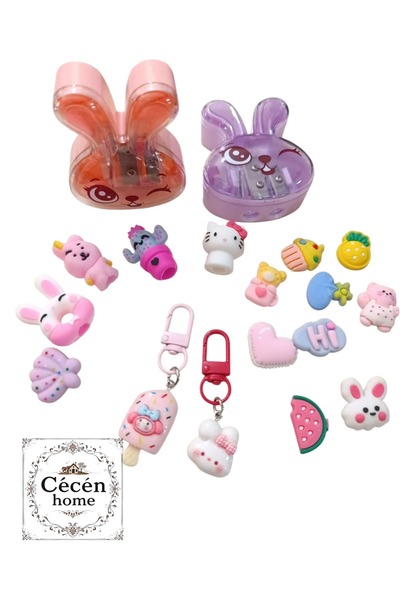 ÇEÇEN HOME (20 Pieces)Pencil Sharpener-Keychain for Girls- Figured Pen Top Headboard-Adhesive Ornament Set