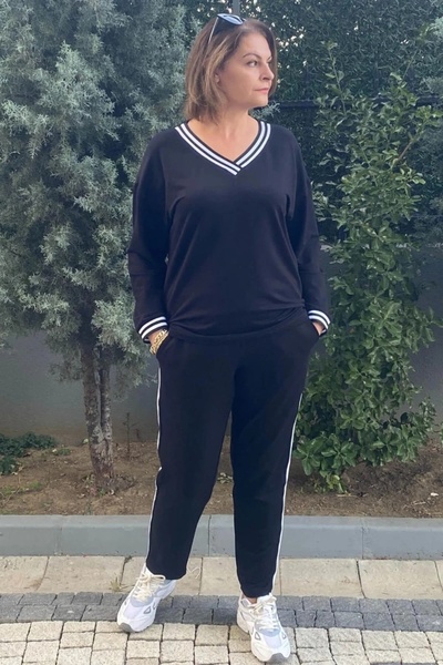 Mia Butik Plus Size Black V-Neck Sweatpants Set